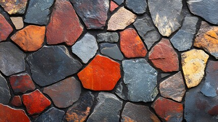 Poster - Close-up view of a multicolored stone wall. Various shades and sizes of stones create a rich, textured pattern. Macro Texture Backgrounds. Vibrant Stone Wall Texture of Natural Stones