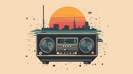 Sticker - Retro radio, cityscape sunset, graphic design, aesthetic, vintage vibes