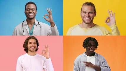 Poster - Four healthcare professionals express positivity with the OK gesture. Each person is set against a vibrant, colorful background, highlighting diversity in healthcare.