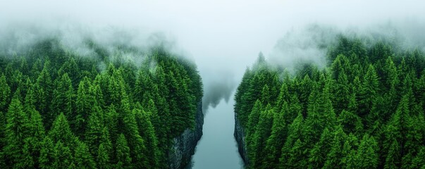 Poster - Glow forest idea. A serene forest landscape with lush green trees and misty fog over a tranquil river.