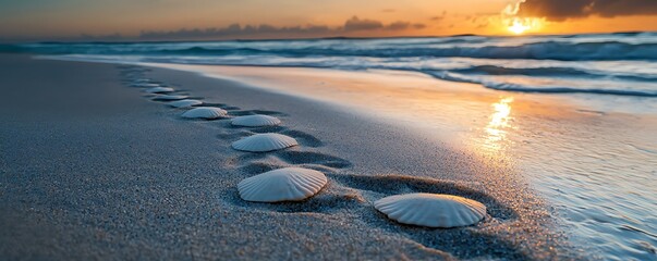 Wall Mural - marine crawl pattern tranquil beach scene with footprints and shells under a stunning sunset sky and