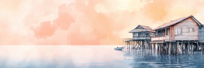 Poster - Peaceful watercolor illustration of a fishing village with stilted wooden houses by the serene sea at sunset. Generative AI