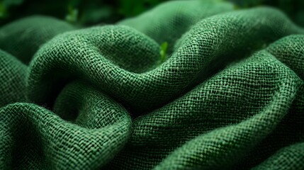Poster - Close-up of luxurious emerald green burlap fabric, showcasing its rich texture and natural folds. Perfect for design backgrounds Macro Texture Backgrounds. Emerald Green Burlap Lush Textured Fabric