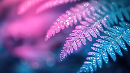 Poster - Glow forest concept. Vibrant fern leaves adorned with glistening droplets and colorful lighting effects.