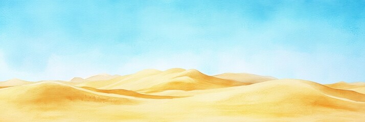 Poster - Golden sand dunes stretch under a clear blue sky in serene minimal watercolor art. Generative AI