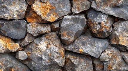 Poster - Close-up of coarse surface grey and gold stones, showing texture and irregularity. Macro Texture Backgrounds. Grey and gold Stone Texture: A Close-Up Look at Rough, Irregular Fragments