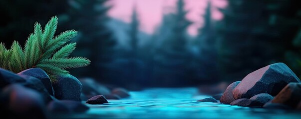 Poster - Glow forest idea. Serene river scene surrounded by lush greenery and tranquil rocks at dusk.
