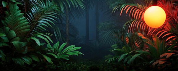 Poster - Glow forest concept. A serene jungle scene illuminated by a glowing sun amidst lush, green foliage.