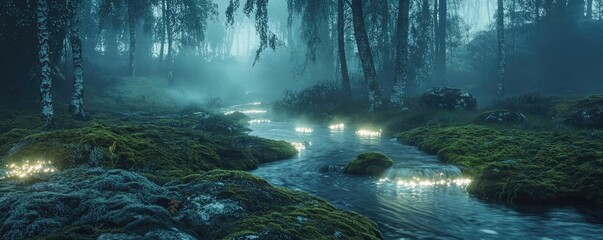 Poster - Glow forest idea. A serene, misty forest with a gentle stream illuminated by enchanting lights.