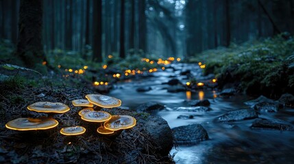 Poster - Glow forest concept. Mushrooms glow softly beside a tranquil stream in a dark, enchanted forest.