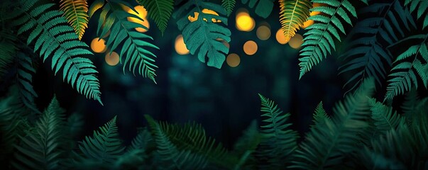 Poster - Glow forest concept. Lush green ferns with shimmering lights, creating a tropical rainforest ambiance.