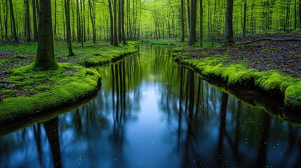 Poster - Glow forest concept. A serene forest landscape with a tranquil river reflecting lush green foliage.