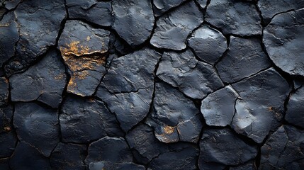 Poster - Intricate dark blue and gold rock texture. A close up shot of a natural stone formation. Macro Texture Backgrounds. Dark Volcanic Rock Texture: A Deep Blue and Gold Stone Wall