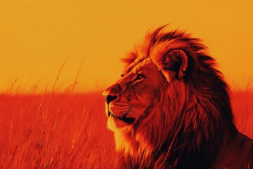 Aufkleber - Vibrant pop art lion portrait against a bold savanna sunset with space for creative text. Generative AI