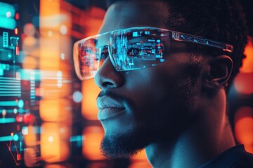 Poster - Man wearing futuristic AR glasses, data reflected. Illustrates innovation, technology, and the future of computing.