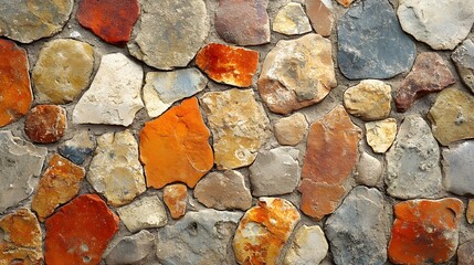 Poster - Close-up view of a wall made of various stones in different colors, showcasing a unique texture and pattern. Macro Texture Backgrounds. Multicolored Marble Stone Wall Texture