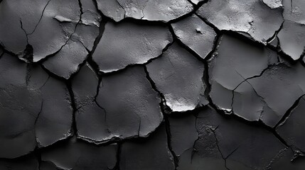 Aufkleber - Close-up view of a cracked black surface, creating a dramatic abstract texture. Macro Texture Backgrounds. Abstract Black Cracked Texture