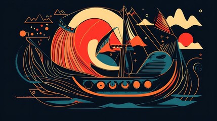 Sticker - Abstract Ship Sailing Stormy Night Sky