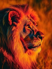 Aufkleber - Bold pop art lion portrait with vibrant savanna sunset colors and space for text. Generative AI