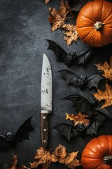 Aufkleber - Halloween background with pumpkins, bats and knife lying on dark background with copy space