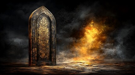 Canvas Print - Ornate door, fiery background, fantasy setting, game design