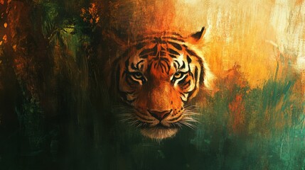 Poster - Impressionist tiger portrait surrounded by a vibrant jungle habitat with ample space for creative text placement. Generative AI