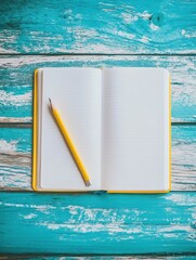 Leinwandbilder - Open notebook and pencil on a bright wooden desk inviting creativity and inspiration in a spacious area. Generative AI