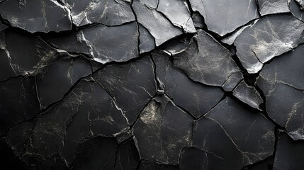 Poster - Close-up shot of a dark, cracked stone texture. The image showcases a rough, abstract pattern Macro Texture Backgrounds. Abstract Dark Cracked Stone Texture: A Monochromatic Masterpiece
