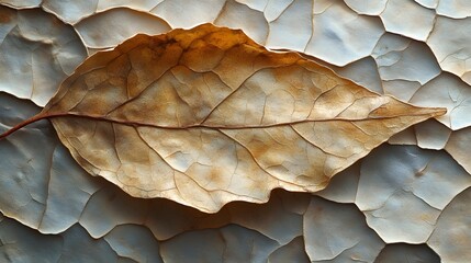 Poster - A single, dried leaf rests on a cracked, textured surface. The image showcases the intricate details of both the leaf and the background. Macro Texture Backgrounds. Dried Leaf on Cracked Surface