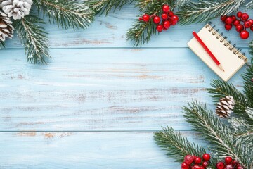 Poster - Open notebook and pencil on a bright wooden desk with festive decorations and a spacious background for creative tasks. Generative AI