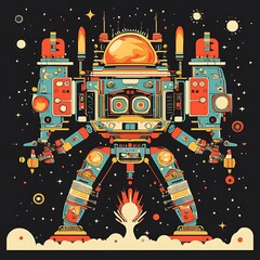 Wall Mural - Colorful futuristic robot in space, exploding background, graphic art