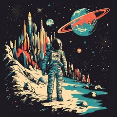 Canvas Print - Astronaut on alien moon city, futuristic landscape, exploration, poster design