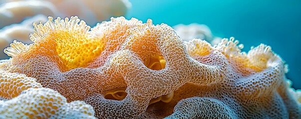 Wall Mural - marine hard organic vibrant coral reef close-up with intricate texture and soft yellow and blue tone