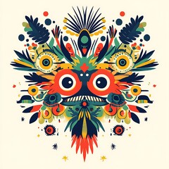  Colorful abstract mask design, vibrant patterns, symmetrical composition, possible use in graphic design