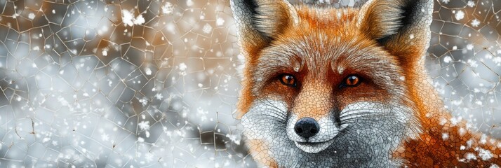 Poster - Mosaic fox portrait displaying intricate patterns against a snowy forest backdrop in winter. Generative AI