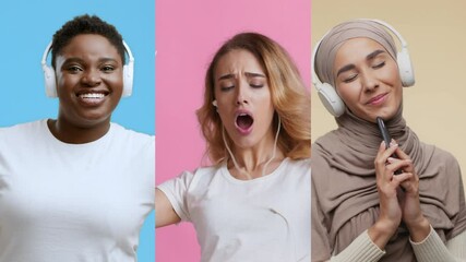 Poster - Three women, each in a distinct setting, enjoy their favorite music with headphones on. They showcase a range of emotions, blending joy and relaxation against colorful backgrounds.