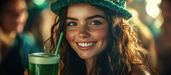 Happy woman, green drink, pub crowd, St. Patrick's