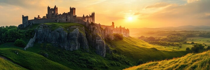 Poster - Medieval castle sits atop a green hill under a stunning sunset sky with vibrant colors filling the horizon. Generative AI