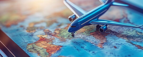 Aufkleber - Miniature blue airplane resting on world map depicting international travel concept