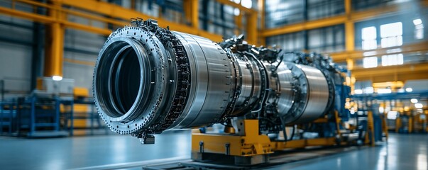 Poster - Powerful industrial gas turbine engine being assembled in a factory setting