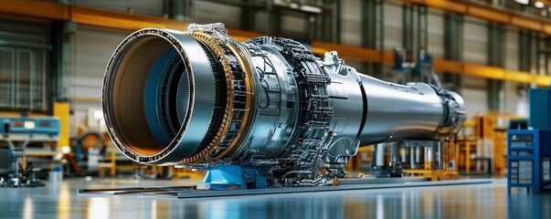 Poster - Powerful turbofan jet engine being assembled in a high tech industrial factory