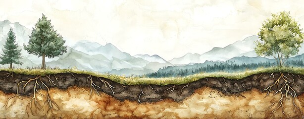 Wall Mural - Land biology texture Detailed Illustration of Roots and Trees in a Serene Mountain Landscape with Soft Watercolor Style