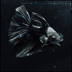 Wall Mural - A stunning black betta fish gracefully swimming through dark waters, showcasing its flowing fins and vibrant details