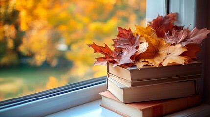 Poster - Stack of books with autumn leaves on windowsill overlooking fall colors
