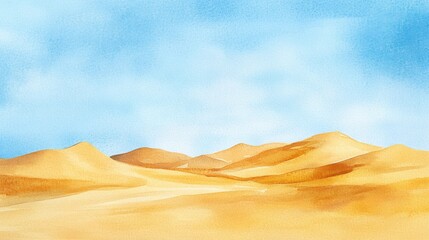 Fototapete - Mellow watercolor painting of golden sand dunes under a clear blue sky creating a serene desert landscape. Generative AI