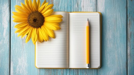 Poster - Bright notebook with a yellow pencil and sunflower on a spacious wooden desk perfect for writing or brainstorming. Generative AI