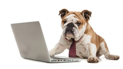 Wall Mural - A humorous bulldog wearing a tie, working intently on a laptop, showcasing a playful office environment