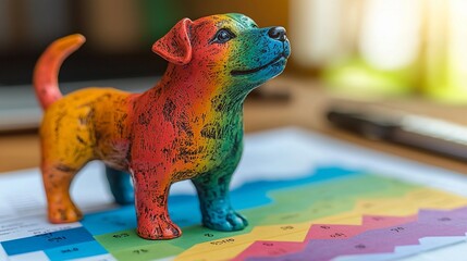 Poster - Rainbow dog figurine on charts, office background, business