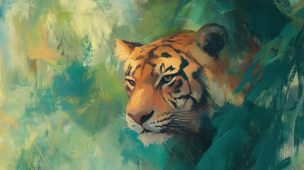 Aufkleber - Vibrant portrait of a tiger in a lush jungle with ample space for text. Generative AI