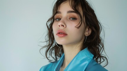 Wall Mural - Portrait of a young woman with wavy hair wearing a blue jacket, showcasing a serene expression against a plain backdrop